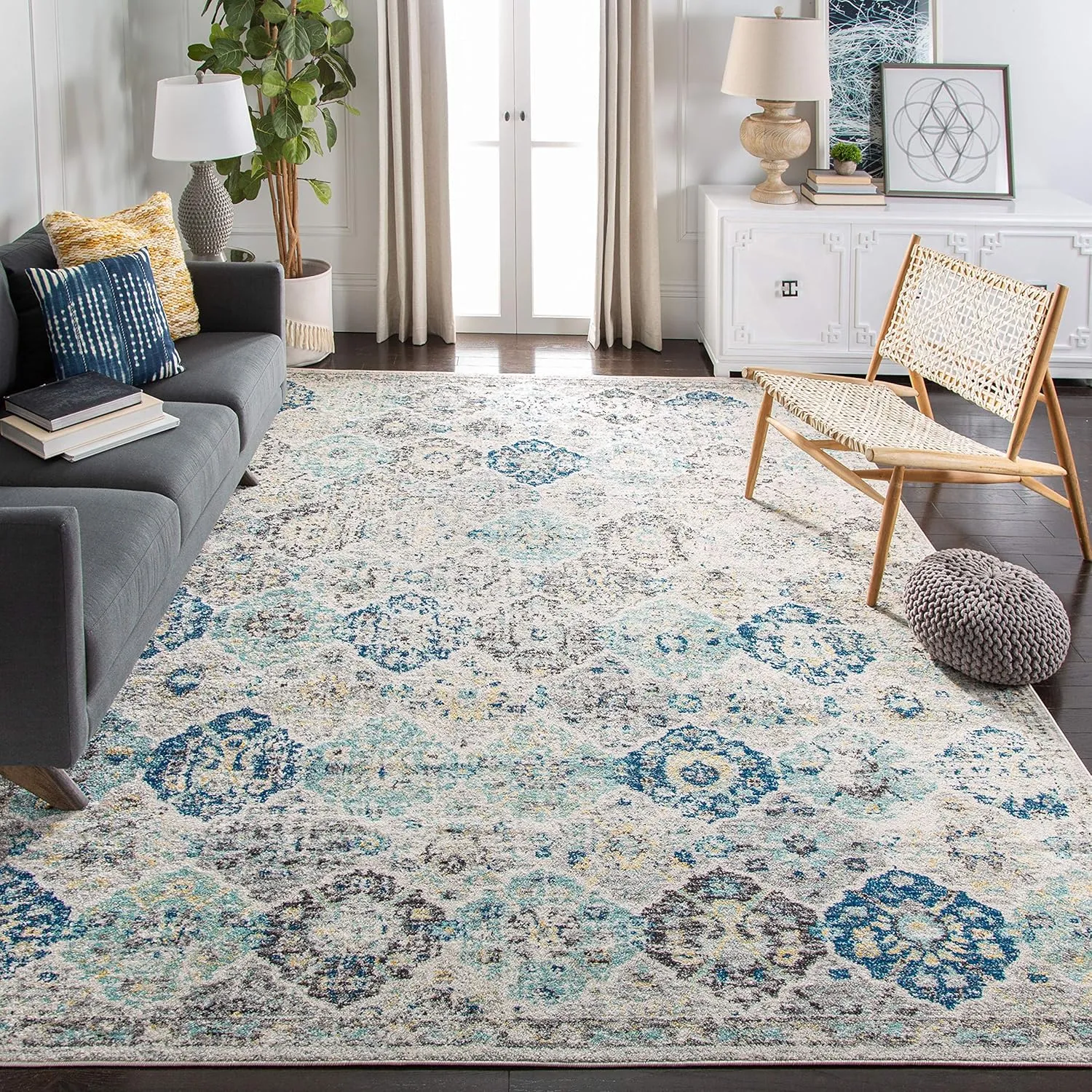 SAFAVIEH Area Rug 8x10 - Madison Collection - Large - Ivory & Aqua, Boho Chic Distressed Design, Non-Shedding & Easy Cleaning, Ideal for Living Room, Bedroom, Office, Dining Space (MAD611A)