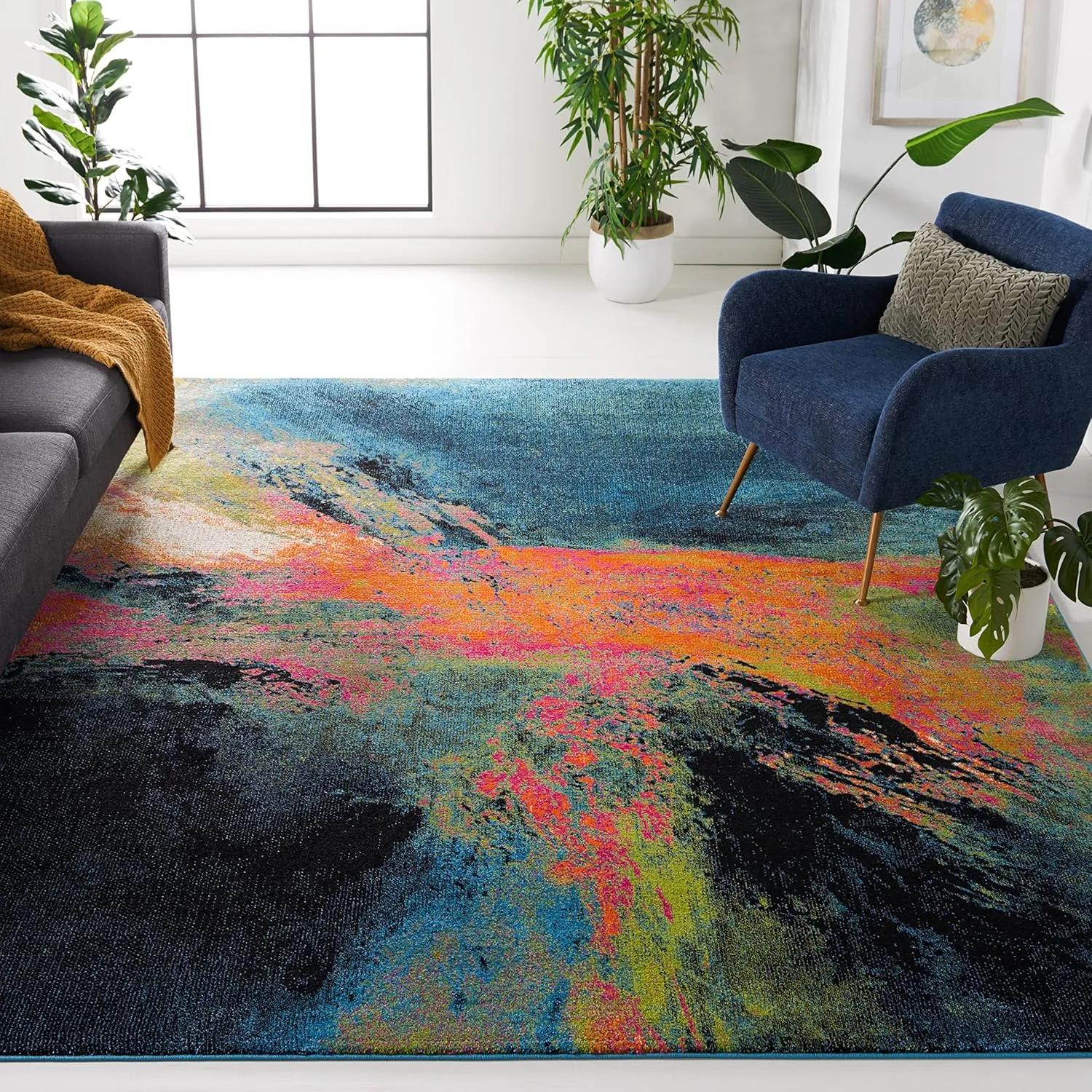 SAFAVIEH Galaxy Collection Area Rug - 9' x 12', Blue & Orange, Modern Abstract Design, Non-Shedding & Easy Care, Ideal for High Traffic Areas in Living Room, Bedroom (GAL117N)