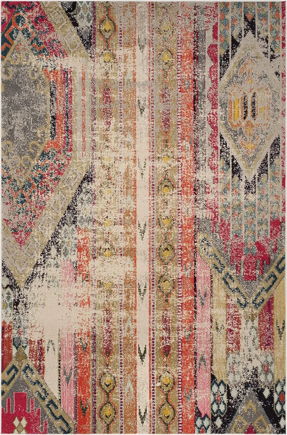 SAFAVIEH Monaco Collection Area Rug - 6'7" x 9'2", Light Grey & Multi, Boho Chic Tribal Distressed Design, Non-Shedding & Easy Care, Ideal for High Traffic Areas in Living Room, Bedroom (MNC222G)