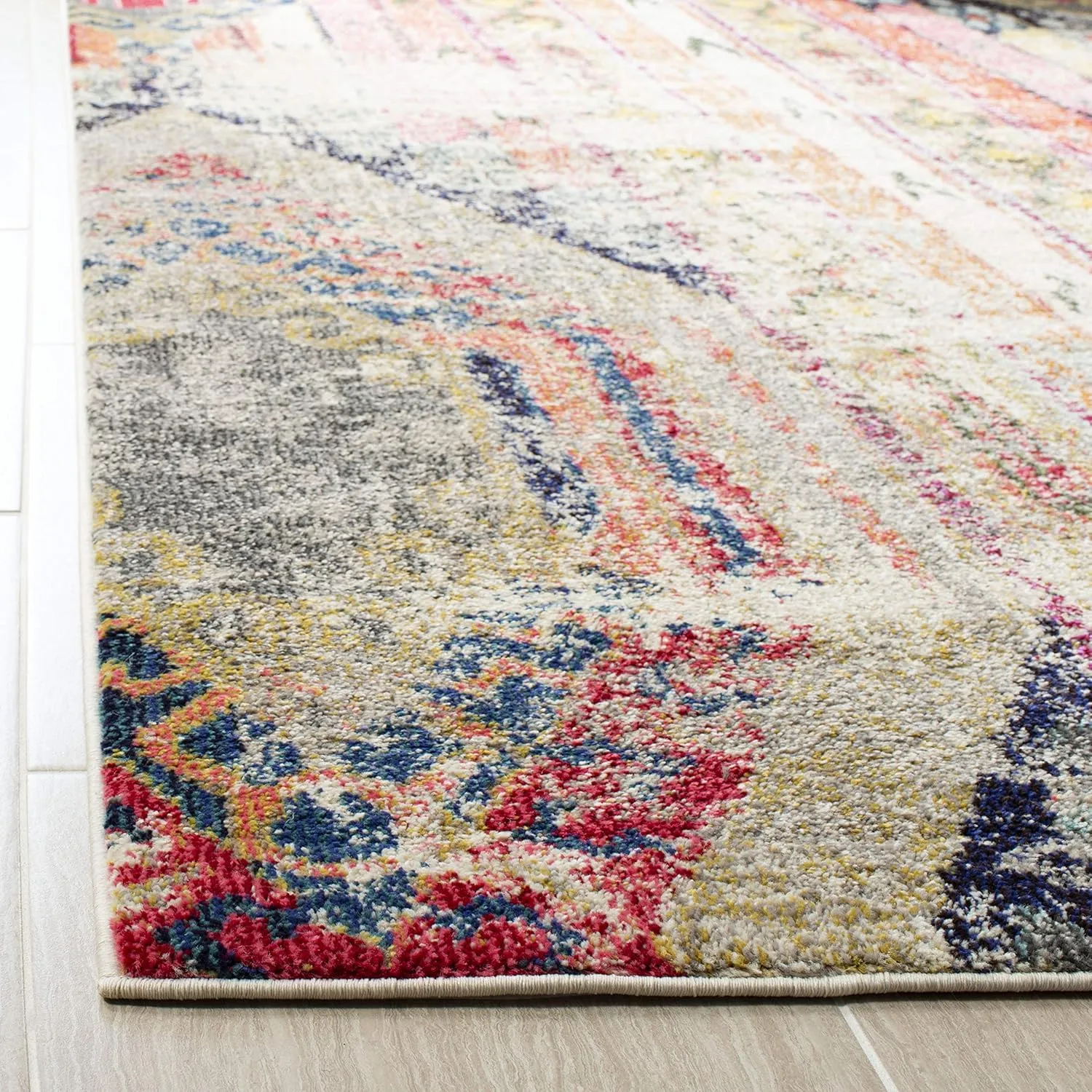 SAFAVIEH Monaco Collection Area Rug - 6'7" x 9'2", Light Grey & Multi, Boho Chic Tribal Distressed Design, Non-Shedding & Easy Care, Ideal for High Traffic Areas in Living Room, Bedroom (MNC222G)