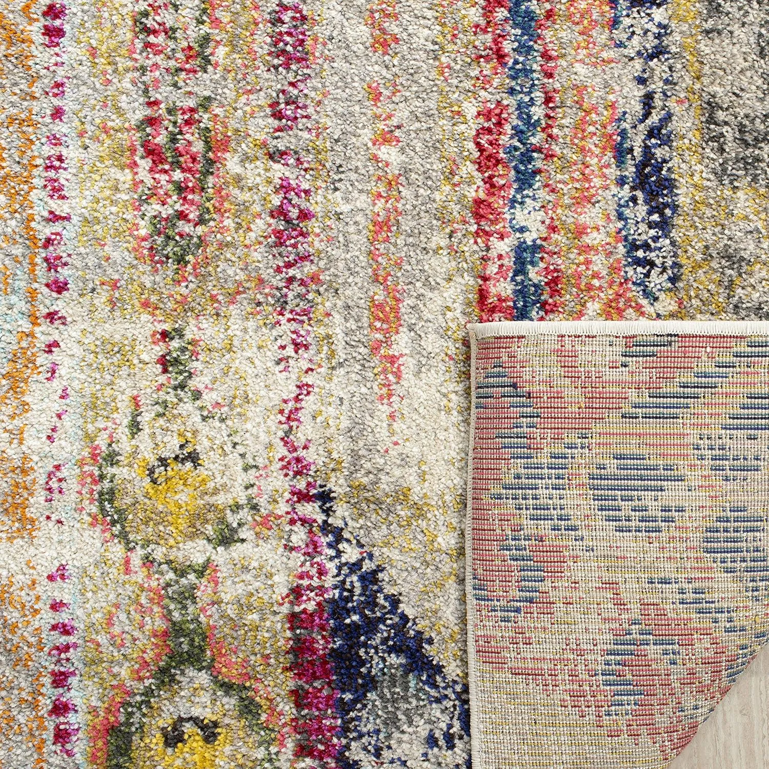 SAFAVIEH Monaco Collection Area Rug - 6'7" x 9'2", Light Grey & Multi, Boho Chic Tribal Distressed Design, Non-Shedding & Easy Care, Ideal for High Traffic Areas in Living Room, Bedroom (MNC222G)