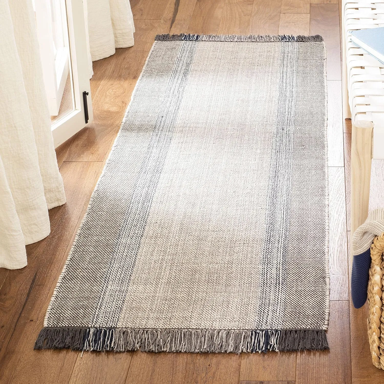 SAFAVIEH Montauk Collection Runner Rug - 2'3" x 7', Blue & Grey, Handmade Flat Weave Boho Farmhouse Cotton Stripe Fringe, Ideal for High Traffic Areas in Living Room, Bedroom (MTK301M)