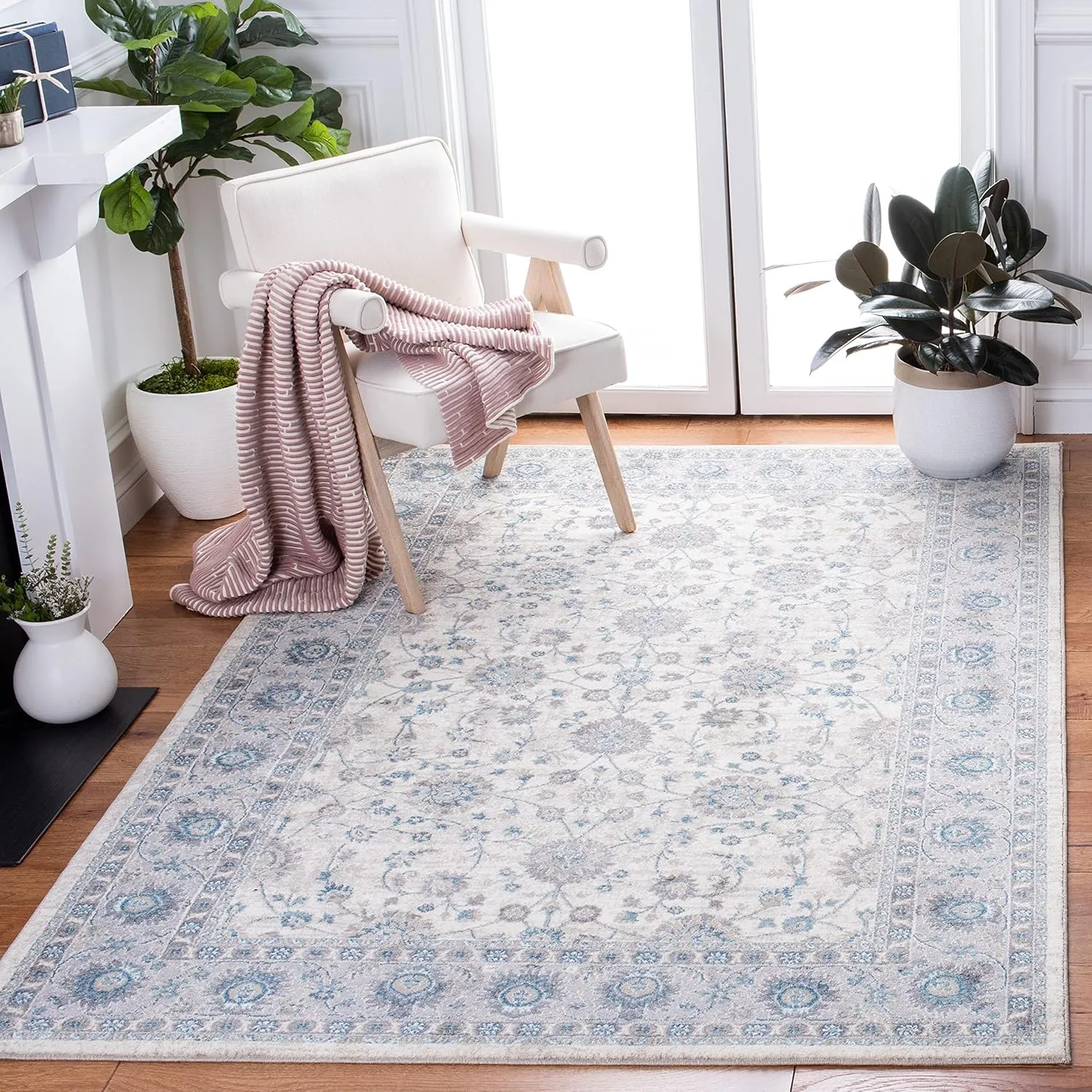SAFAVIEH Sofia Collection 8' x 10' Ivory/Blue SOF330C Boho Tribal Oriental Distressed Non-Shedding Living Room Dining Bedroom Area Rug