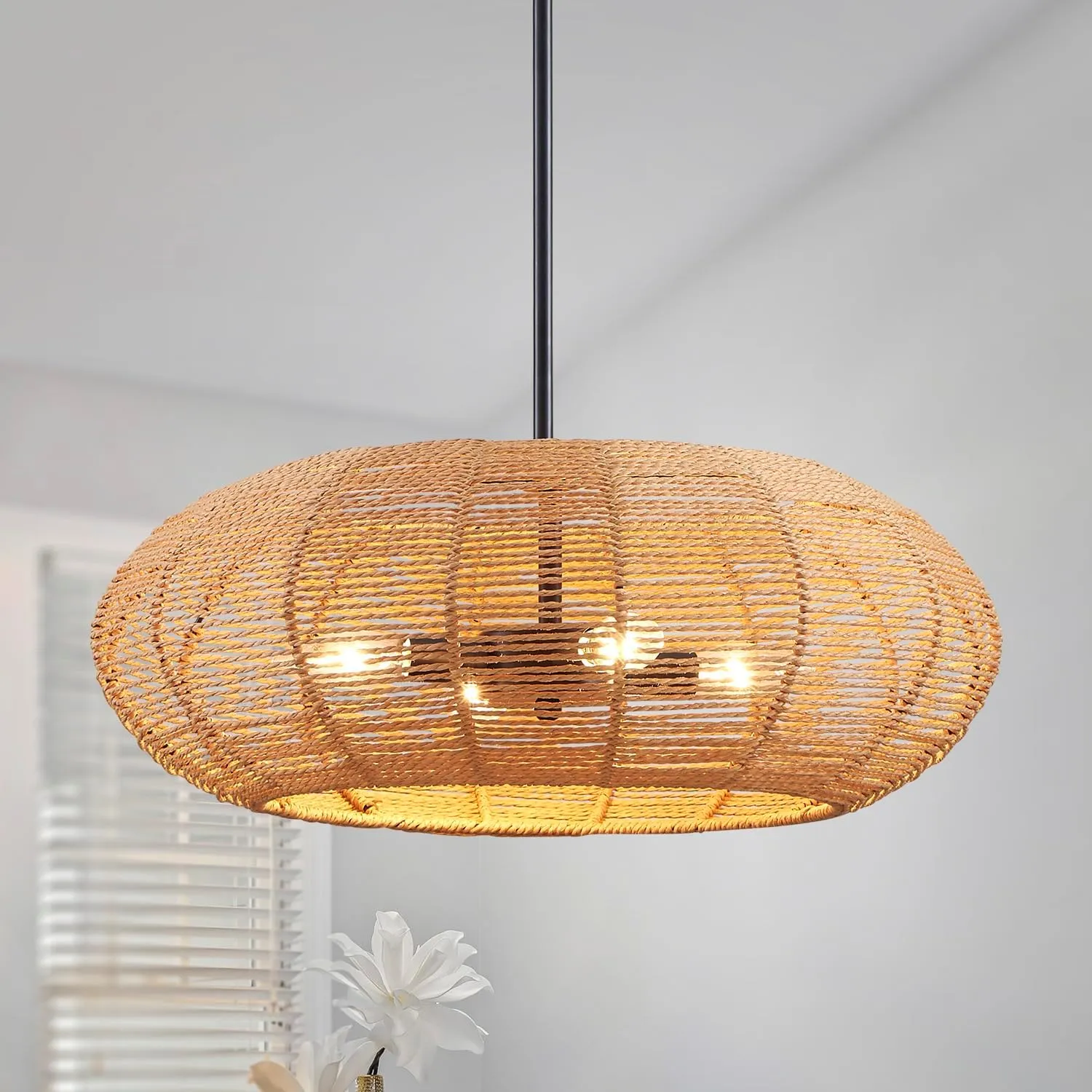 Saint Mossi 4 Light Boho Drum Chandeliers, Farmhouse Dining Room Light Fixture, E12 Sockets, D20'' x H8'', Adjustable Max Height 58", Rattan Lampshade & Black Finish Metal Frame
