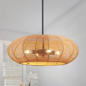 Saint Mossi 4 Light Boho Drum Chandeliers, Farmhouse Dining Room Light Fixture, E12 Sockets, D20'' x H8'', Adjustable Max Height 58", Rattan Lampshade & Black Finish Metal Frame