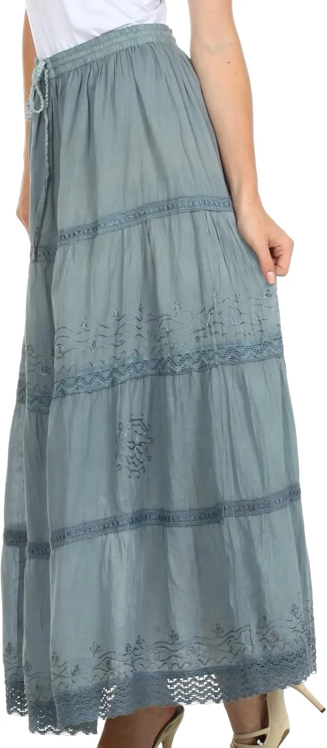 Sakkas Solid Embroidered Crochet Lace Trim Gypsy Bohemian Mid Length Cotton Skirt