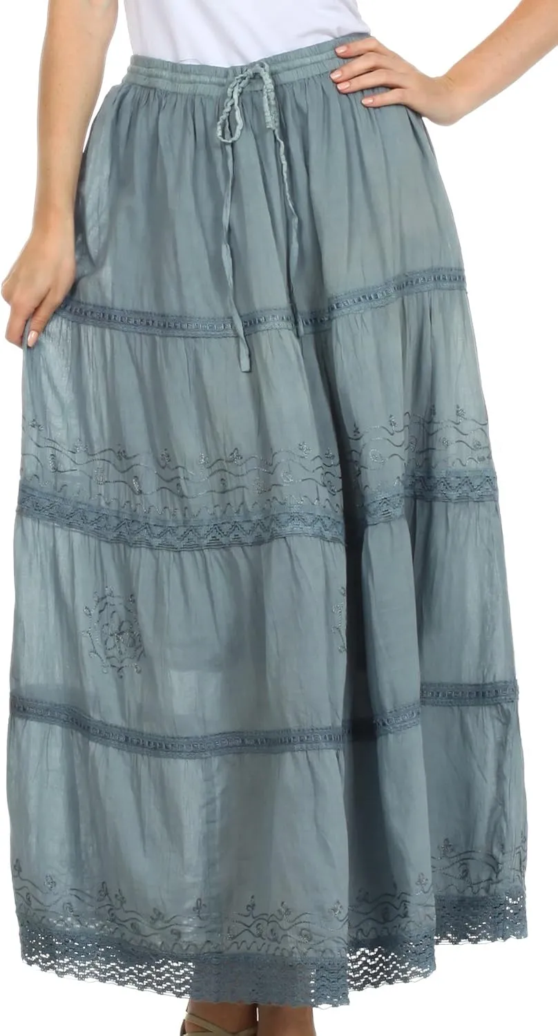 Sakkas Solid Embroidered Crochet Lace Trim Gypsy Bohemian Mid Length Cotton Skirt