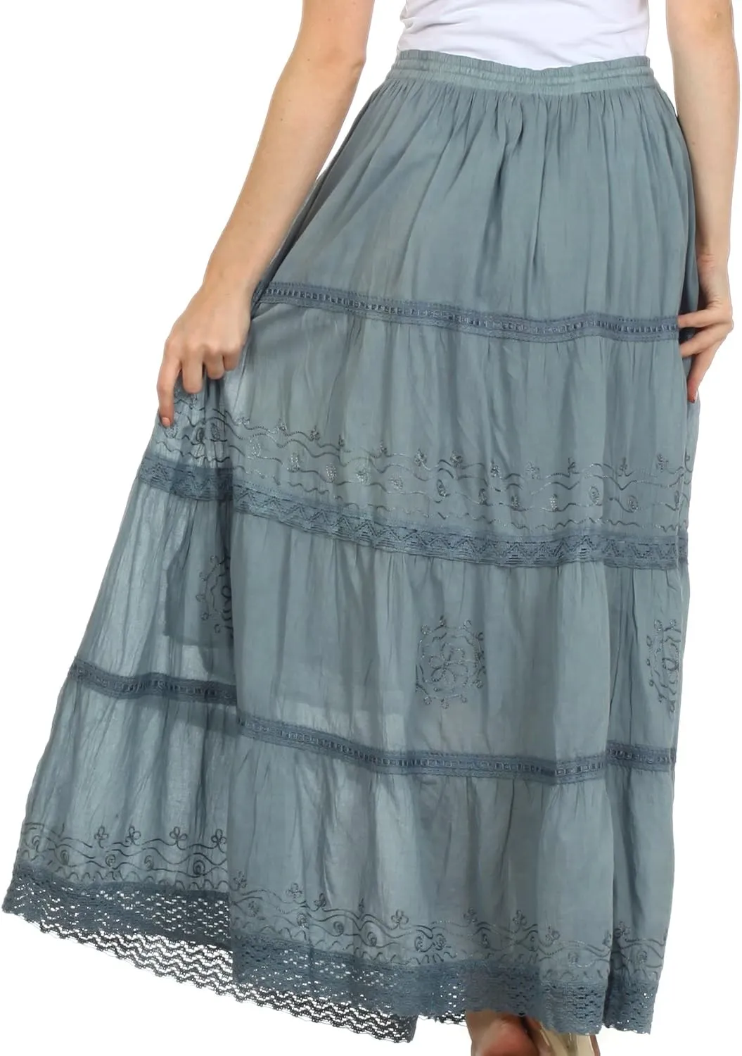 Sakkas Solid Embroidered Crochet Lace Trim Gypsy Bohemian Mid Length Cotton Skirt