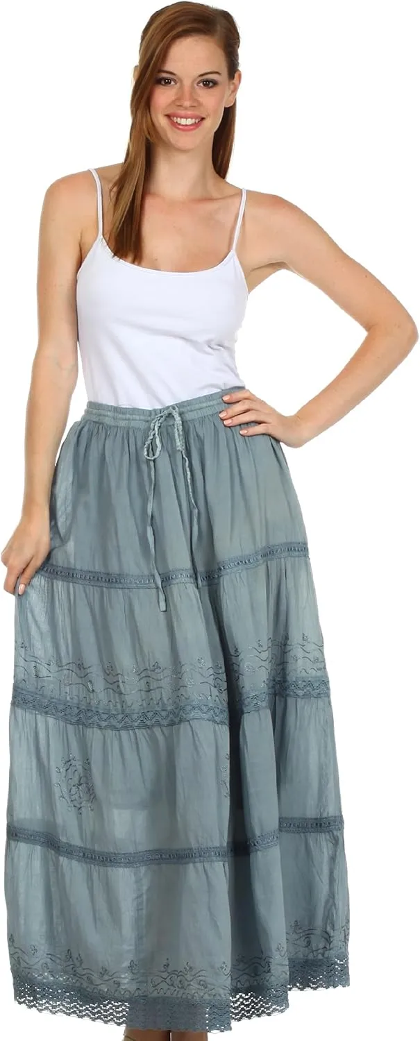 Sakkas Solid Embroidered Crochet Lace Trim Gypsy Bohemian Mid Length Cotton Skirt