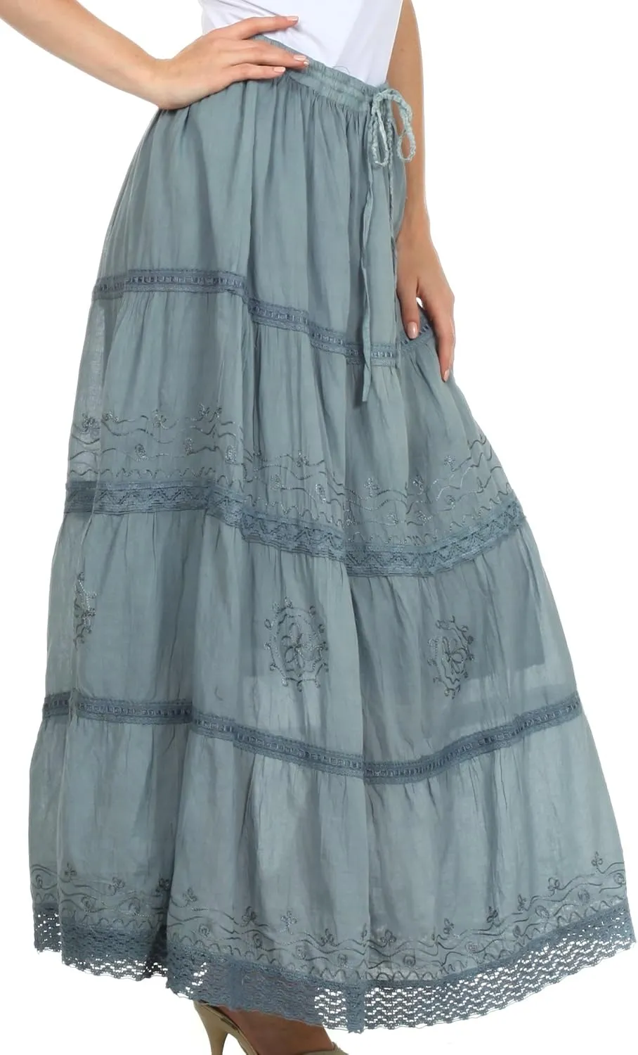 Sakkas Solid Embroidered Crochet Lace Trim Gypsy Bohemian Mid Length Cotton Skirt