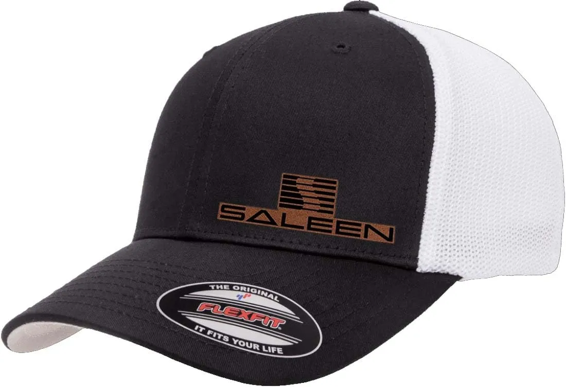 Saleen Performance Automotive Side Logo Laser Engraved Leather Patch Flexfit 6511 Trucker Mesh Fitted Cap
