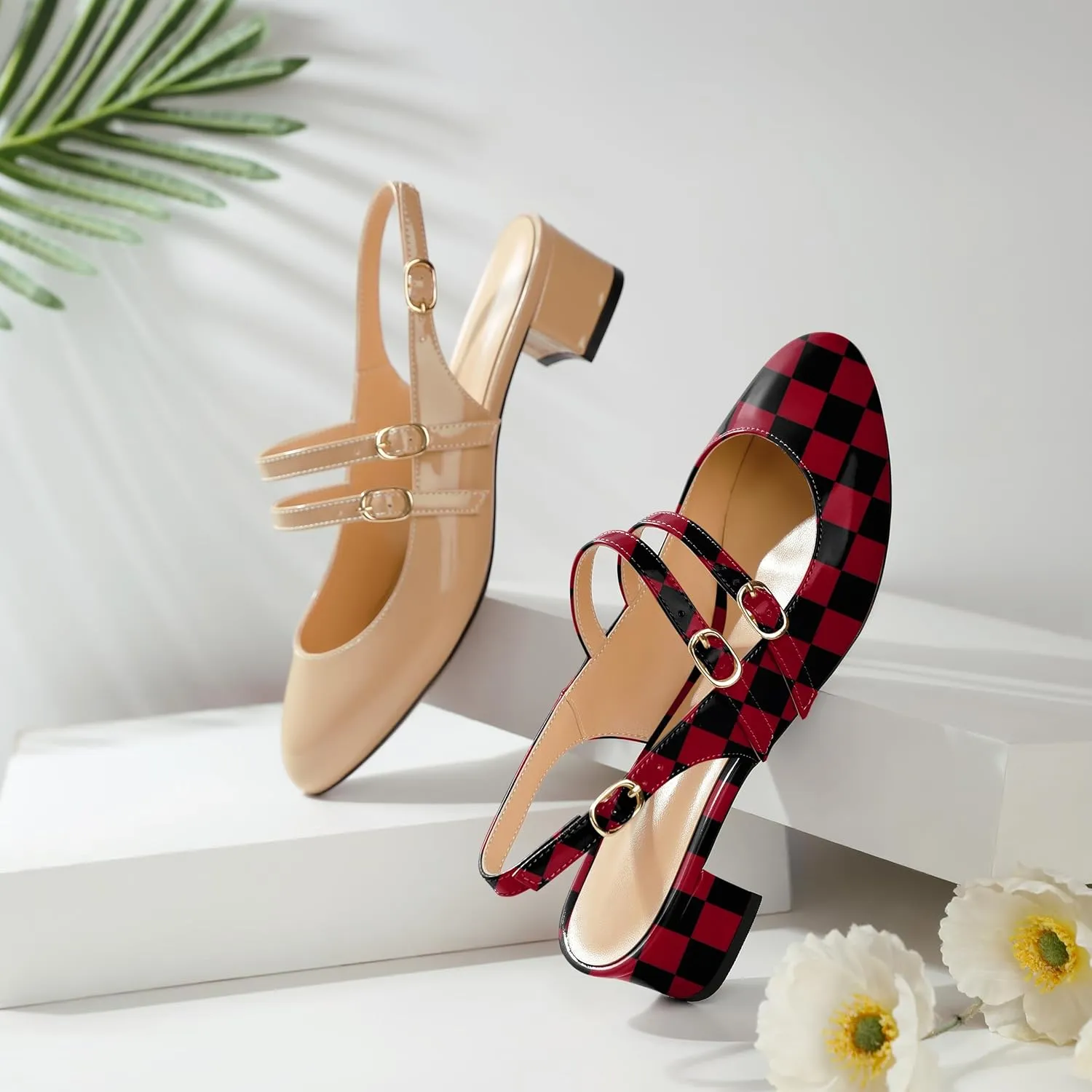SAMMITOP Mary Janes for Women Chunky Block Low Heel Slingback Pumps Mary Jane Dress Shoes Closed Round Toe Wedding Work Pumps 1.4 Inch
