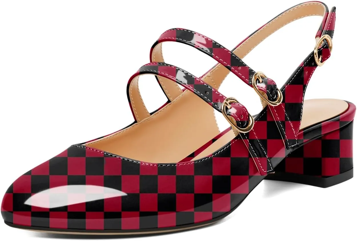 SAMMITOP Mary Janes for Women Chunky Block Low Heel Slingback Pumps Mary Jane Dress Shoes Closed Round Toe Wedding Work Pumps 1.4 Inch