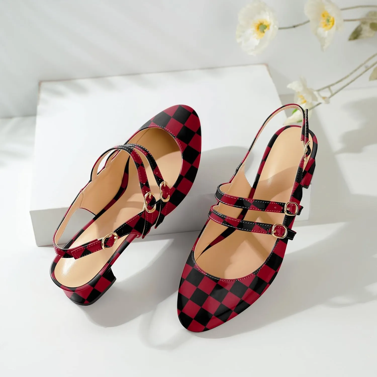 SAMMITOP Mary Janes for Women Chunky Block Low Heel Slingback Pumps Mary Jane Dress Shoes Closed Round Toe Wedding Work Pumps 1.4 Inch