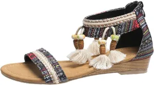 Sandals Women 2023 Summer Fashion Bohemian Beads Fringe Tassel Back Zip Dressy Shoes Ethnic Style Print Vintage Casual Outdoor Ladies Shoes