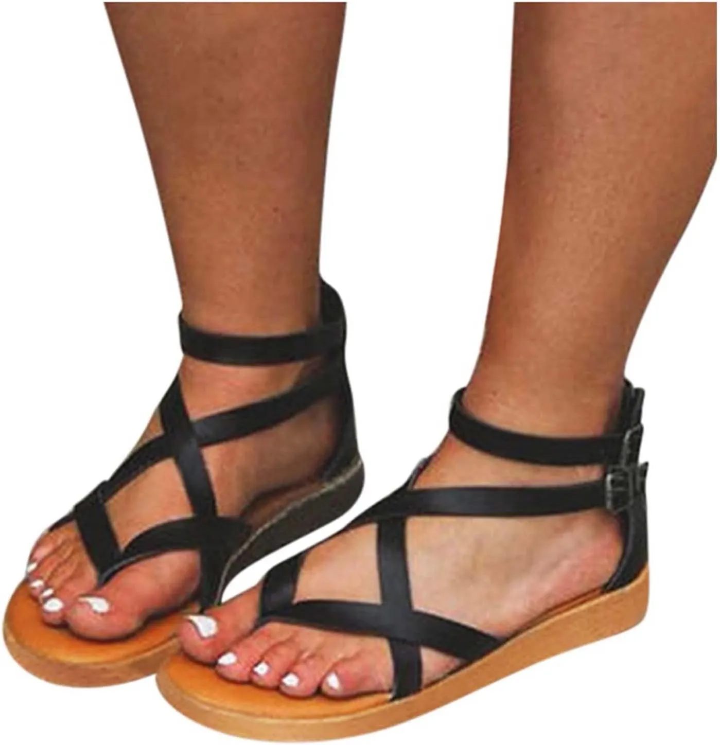 Sandals Women Gladiator Flat Strappy Sandal Dressy Summer Thong Cross Straps Zipper Open Toe Flip Flops Boho Comfortable Ladies Casual Beach Shoes