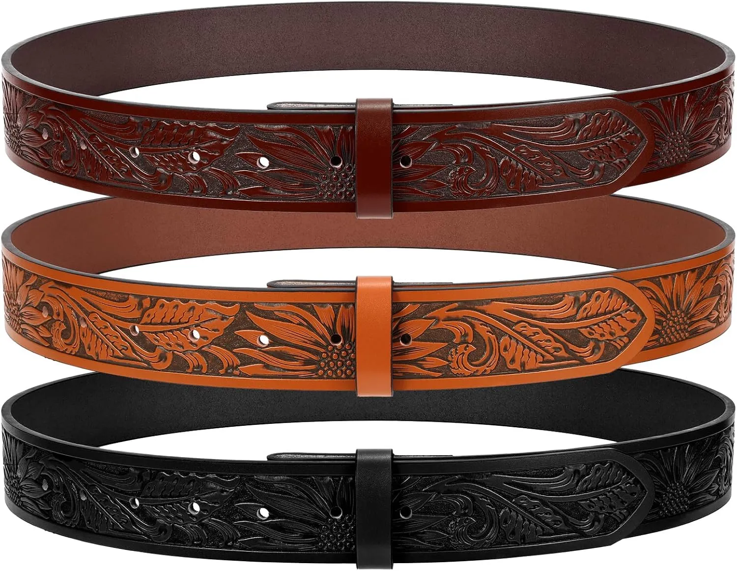 SANSTHS 3 Pack Western Belts for Men Woman without Buckle, Cowgirl Cowboy Belt for Buckle Western Leather Belt for Jeans