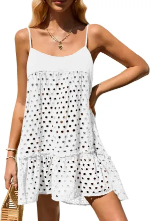 Saodimallsu Womens Crochet Cover Up Summer Spaghetti Strap Hollow Out Fringe Tie Back Beach Coverup Cami Dress