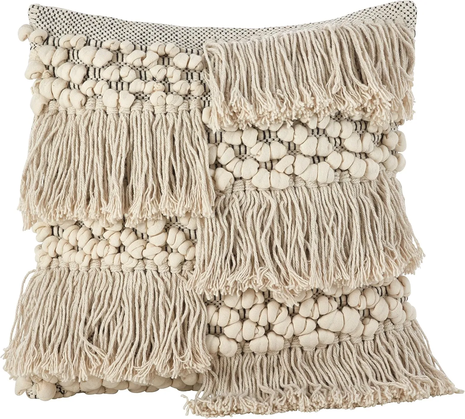 SARO LIFESTYLE Moroccan Wedding Blanket Design Fringe Cotton Down Filled Throw Pillow, 18" x 18", Ivory