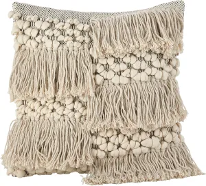 SARO LIFESTYLE Moroccan Wedding Blanket Design Fringe Cotton Down Filled Throw Pillow, 18" x 18", Ivory