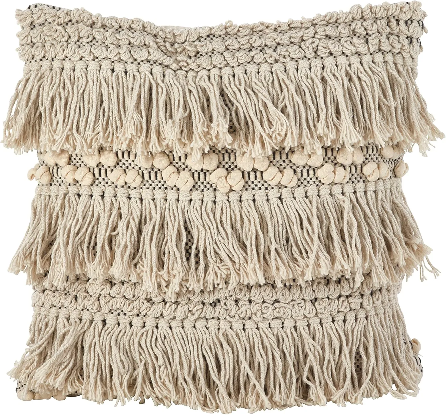 SARO LIFESTYLE Moroccan Wedding Blanket Style Fringe Cotton Down Filled Throw Pillow, 18" x 18", Ivory