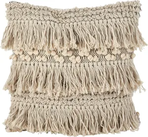SARO LIFESTYLE Moroccan Wedding Blanket Style Fringe Cotton Down Filled Throw Pillow, 18" x 18", Ivory