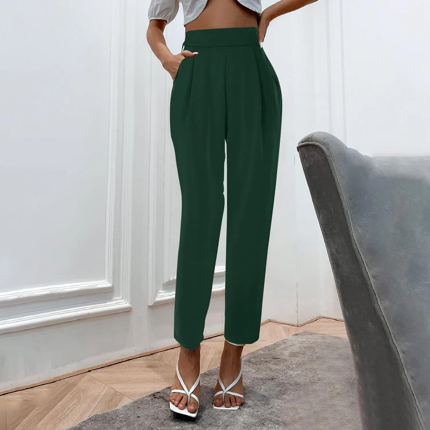 Satin Pants for Women High Waisted Pants Casual Loose Fitting Slacks with Imitation Silk Pockets Stretchy Trousers