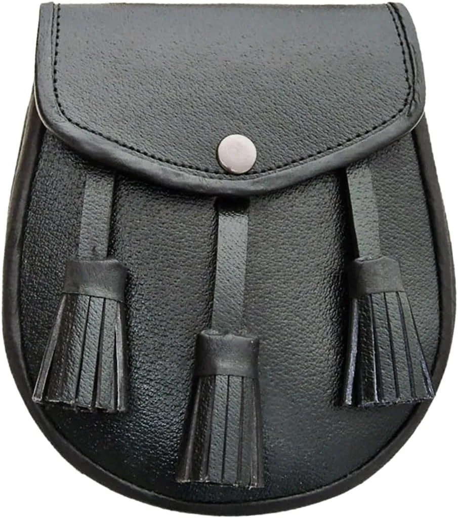 Scottish Kilt Sporran - Black Leather Celtic Kilt Pouch With Chain Belt - Elegant Leather Fanny Pack Waist Bag