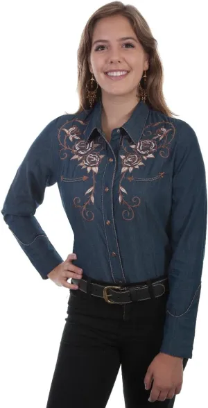 Scully Embroidered Roses and Longhorn Skull snap Front Western Shirt PL872 DEN **