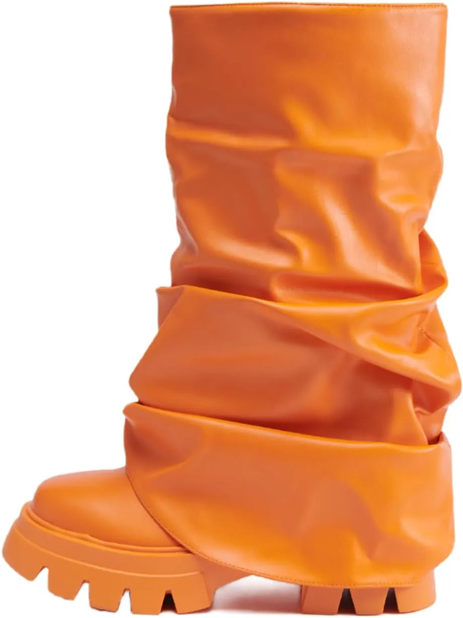 sexytag Women's Metallic Boots Slouchy Foldover Platform Round Toe Western Pull-On Fashion Boots