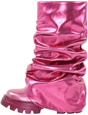 sexytag Women's Metallic Boots Slouchy Foldover Platform Round Toe Western Pull-On Fashion Boots
