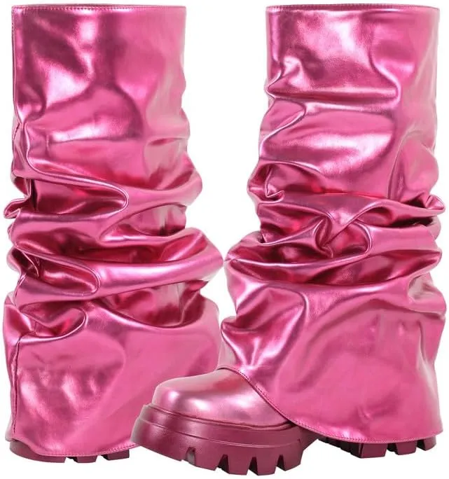 sexytag Women's Metallic Boots Slouchy Foldover Platform Round Toe Western Pull-On Fashion Boots