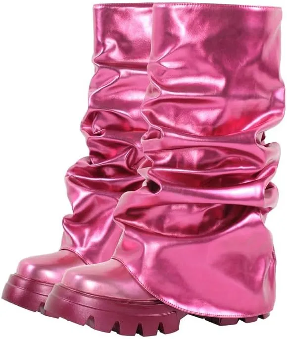 sexytag Women's Metallic Boots Slouchy Foldover Platform Round Toe Western Pull-On Fashion Boots