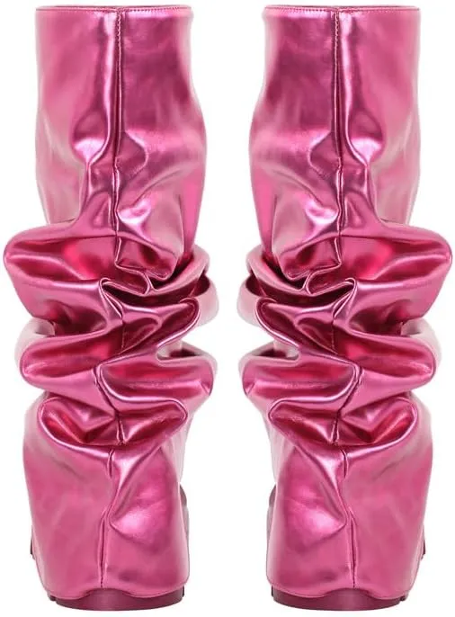 sexytag Women's Metallic Boots Slouchy Foldover Platform Round Toe Western Pull-On Fashion Boots
