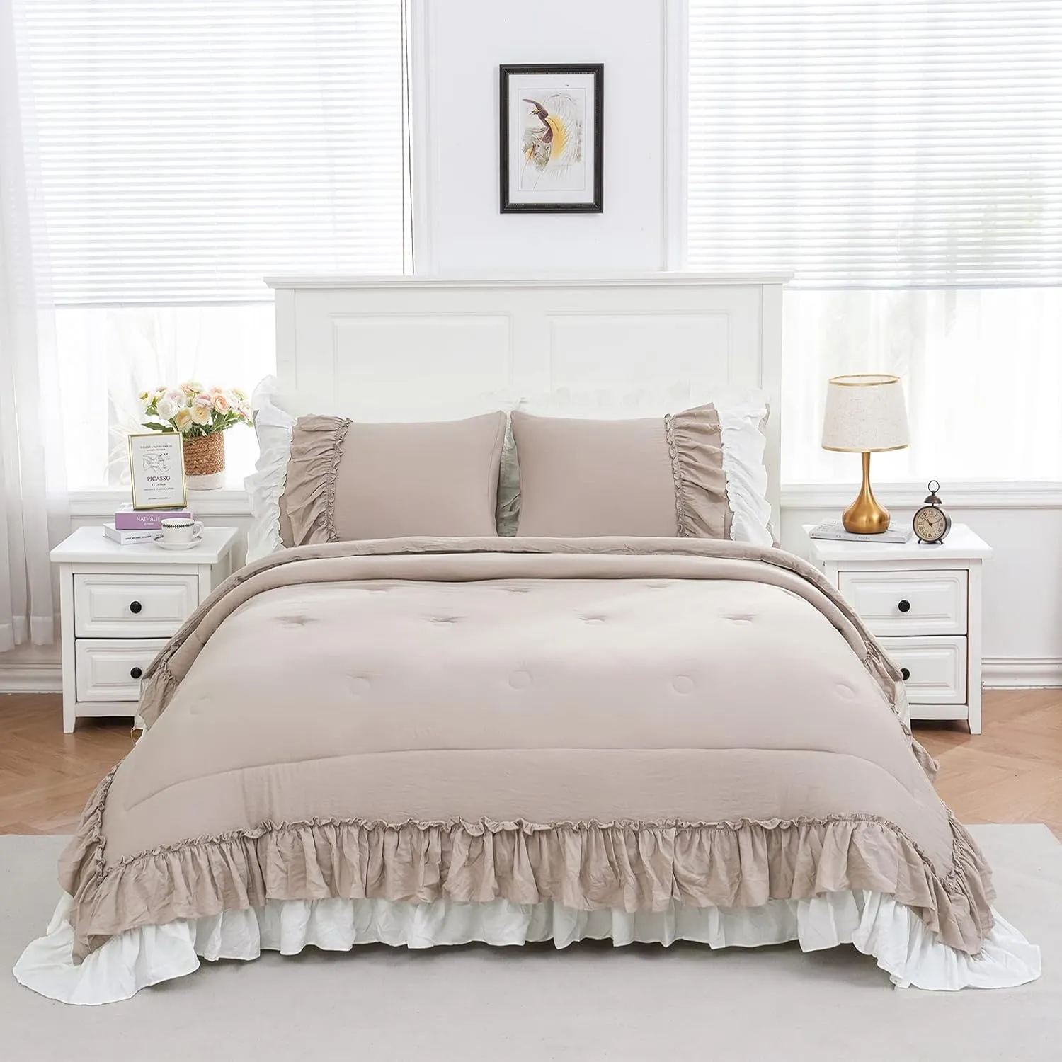 Shabby Chic Bedding Set Boho King Size Comforter Set 2 Layers Ruffles Bedroom Home Decor Ultra Soft Microfiber Taupe Bed Set Farmhouse Down Comforter Bohemian White Ruffled Quilt Set for Girls Women…