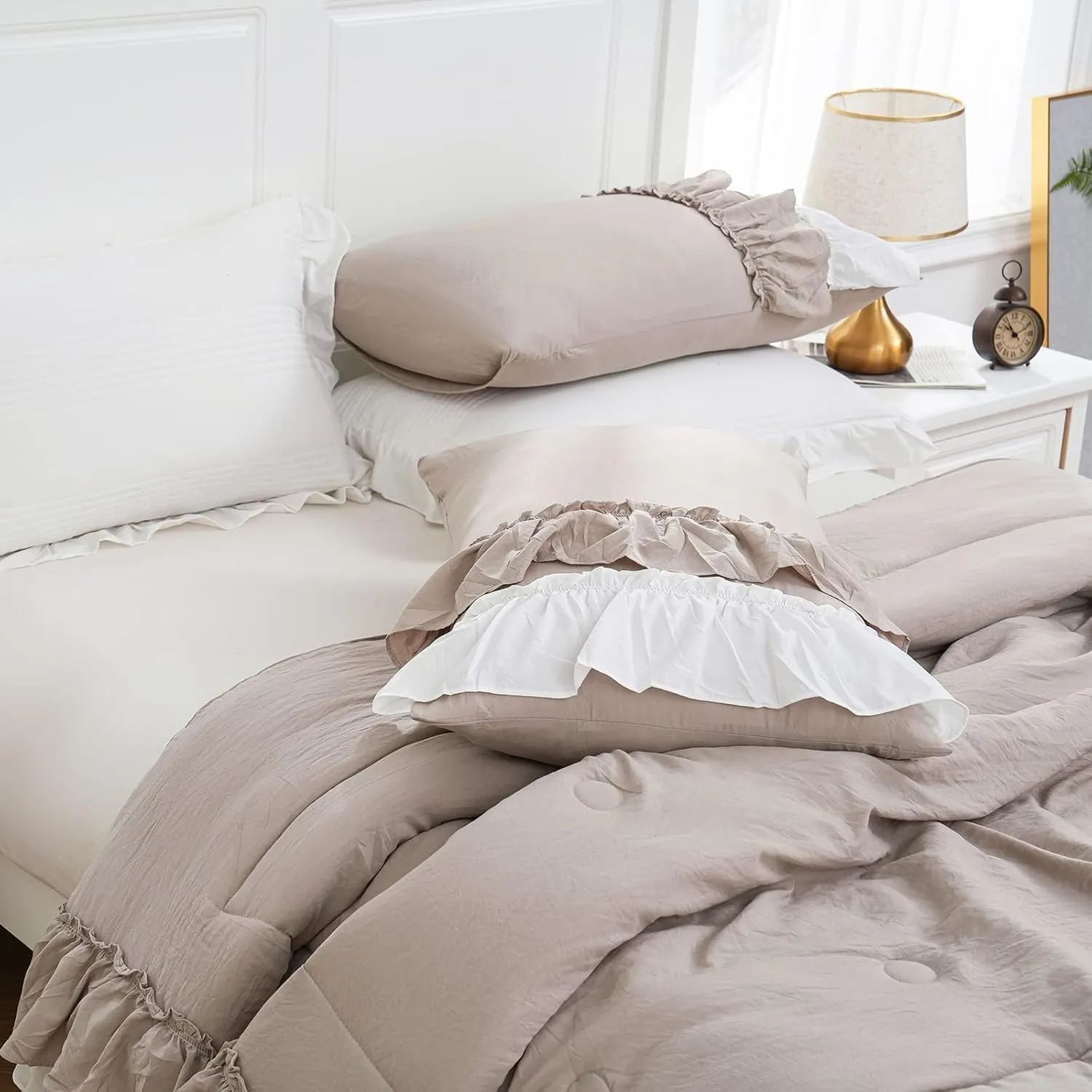 Shabby Chic Bedding Set Boho King Size Comforter Set 2 Layers Ruffles Bedroom Home Decor Ultra Soft Microfiber Taupe Bed Set Farmhouse Down Comforter Bohemian White Ruffled Quilt Set for Girls Women…