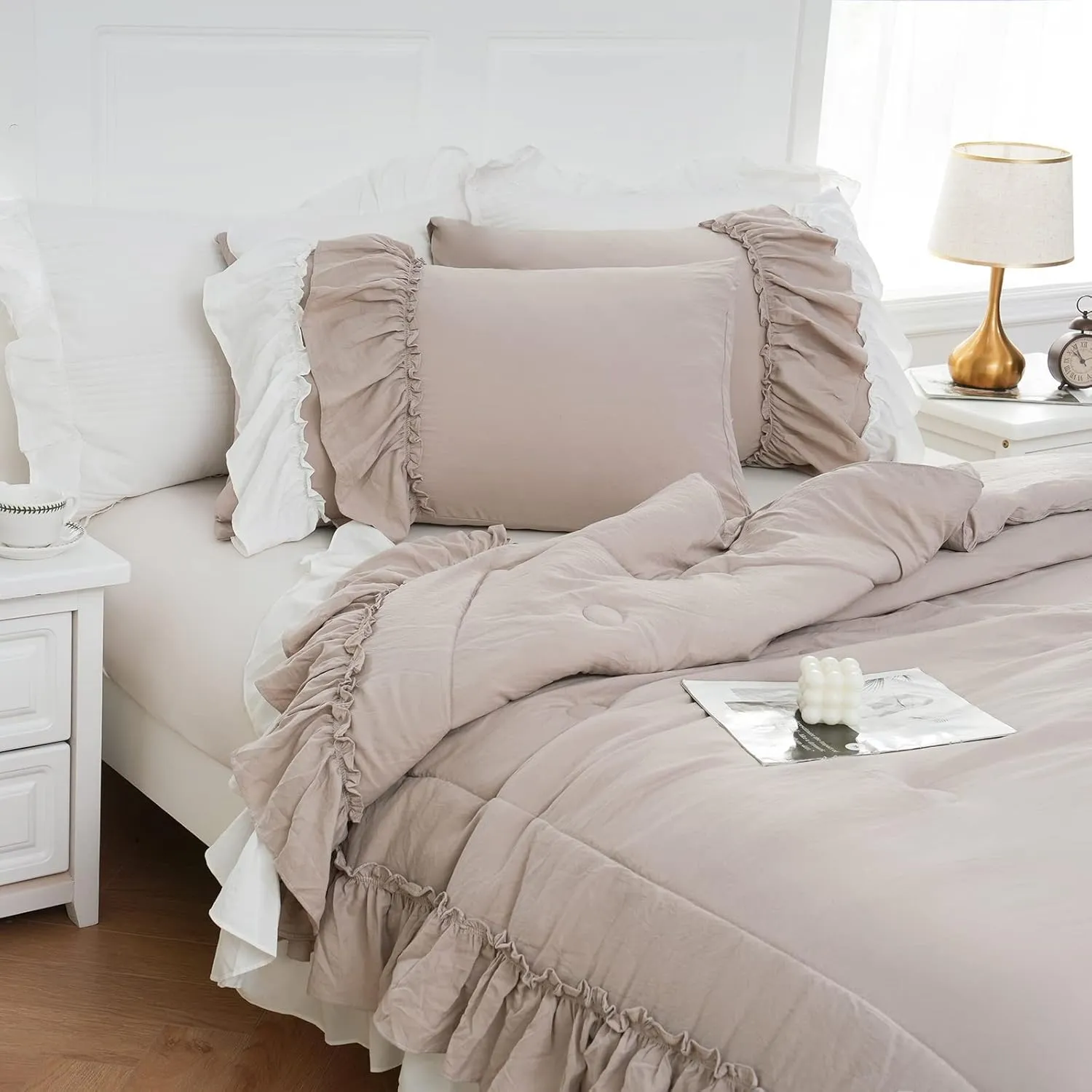 Shabby Chic Bedding Set Boho King Size Comforter Set 2 Layers Ruffles Bedroom Home Decor Ultra Soft Microfiber Taupe Bed Set Farmhouse Down Comforter Bohemian White Ruffled Quilt Set for Girls Women…