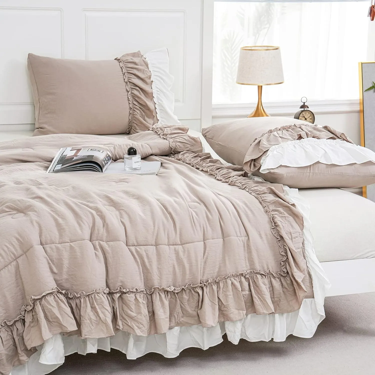 Shabby Chic Bedding Set Boho King Size Comforter Set 2 Layers Ruffles Bedroom Home Decor Ultra Soft Microfiber Taupe Bed Set Farmhouse Down Comforter Bohemian White Ruffled Quilt Set for Girls Women…