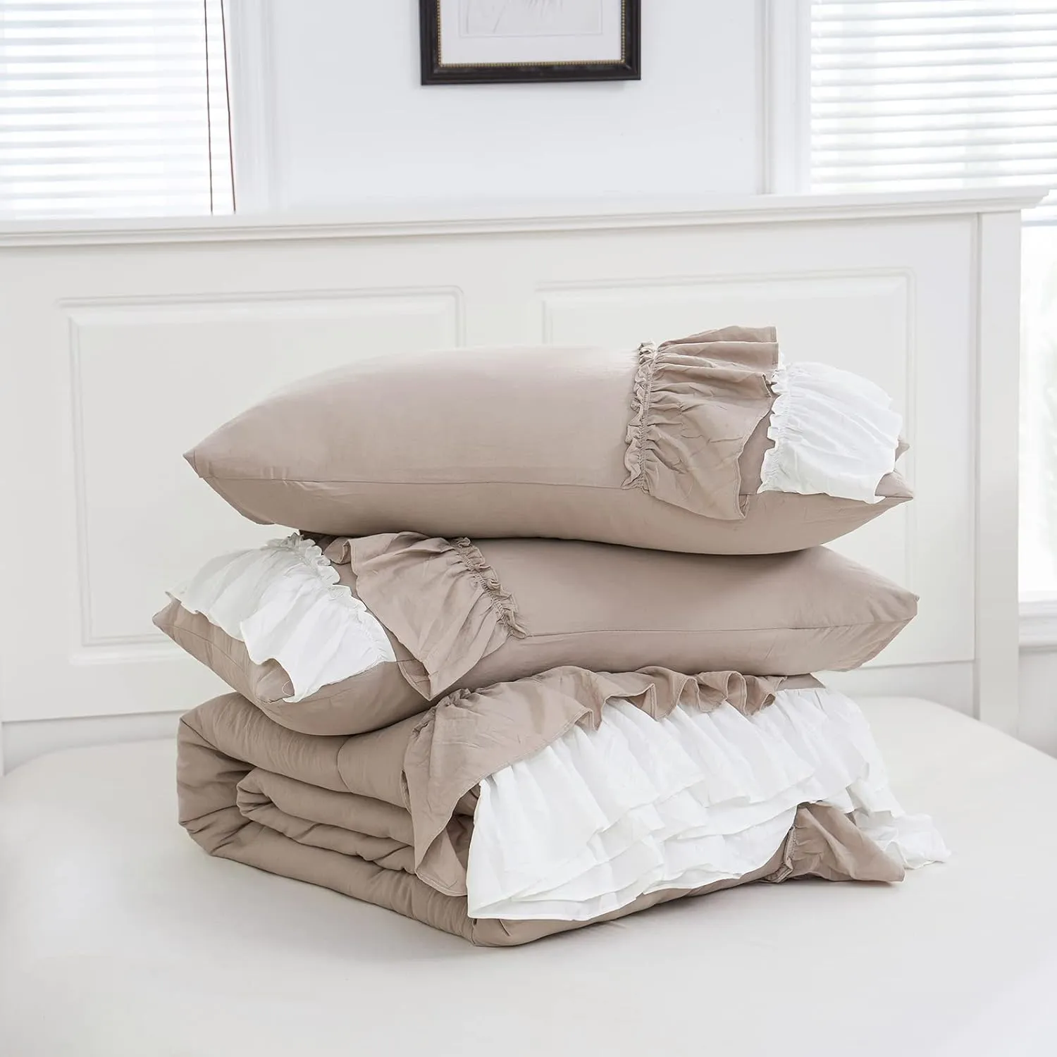 Shabby Chic Bedding Set Boho King Size Comforter Set 2 Layers Ruffles Bedroom Home Decor Ultra Soft Microfiber Taupe Bed Set Farmhouse Down Comforter Bohemian White Ruffled Quilt Set for Girls Women…