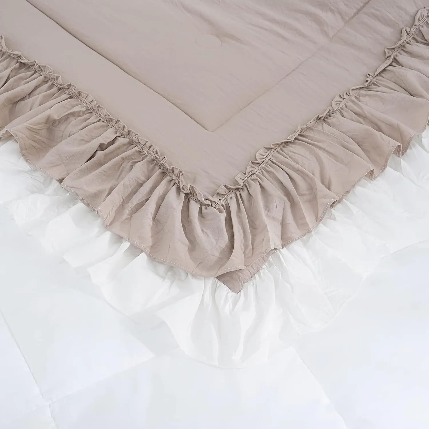 Shabby Chic Bedding Set Boho King Size Comforter Set 2 Layers Ruffles Bedroom Home Decor Ultra Soft Microfiber Taupe Bed Set Farmhouse Down Comforter Bohemian White Ruffled Quilt Set for Girls Women…