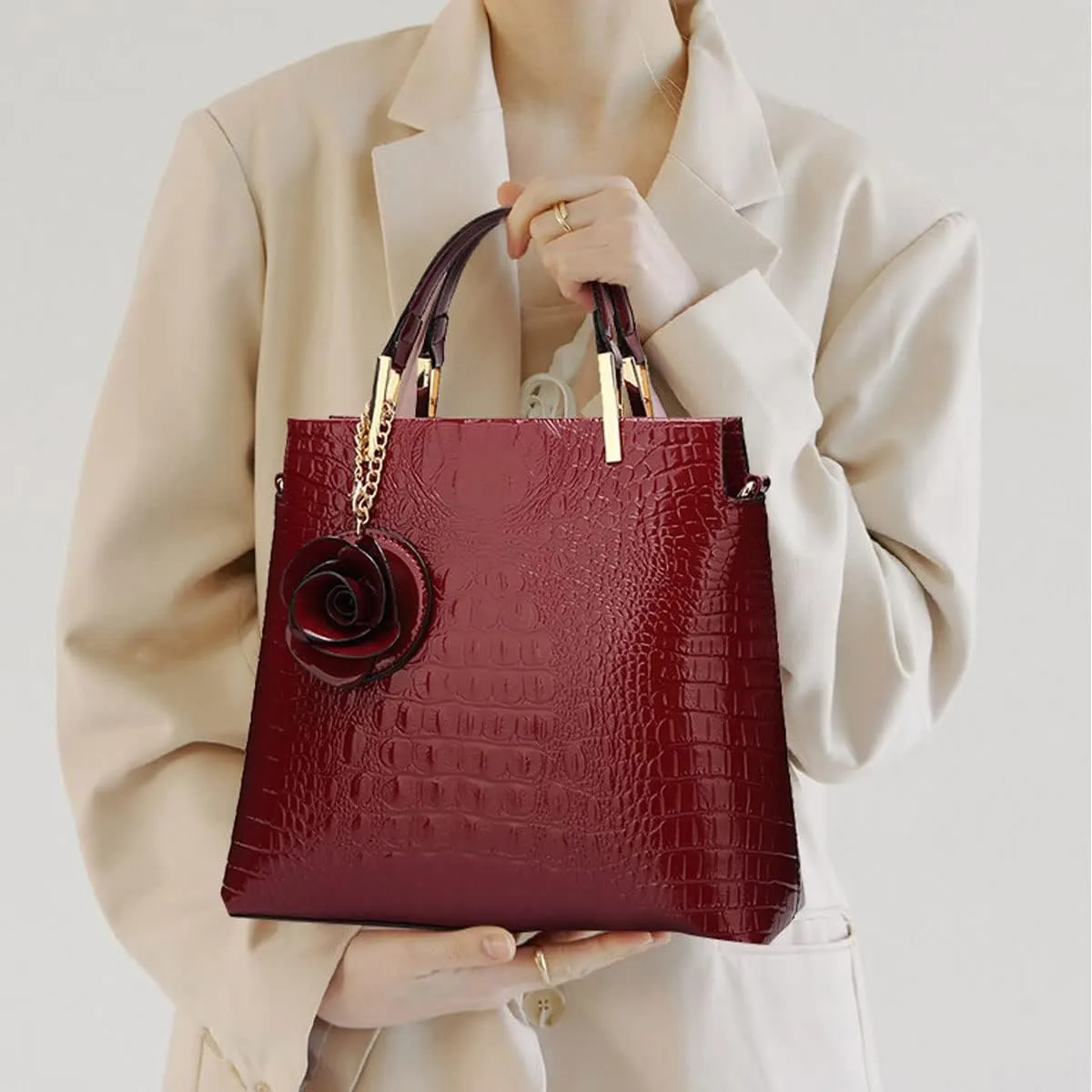 Shiny Patent Leather Women Handbag Crocodile Pattern Shoulder Bag Flower Pendant Top Handle Tote Satchel Purse