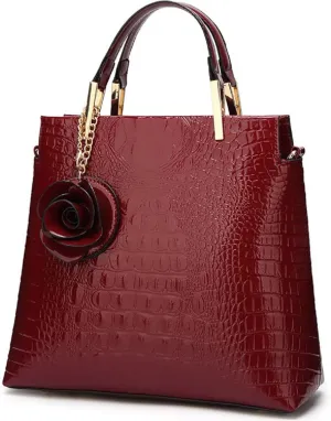 Shiny Patent Leather Women Handbag Crocodile Pattern Shoulder Bag Flower Pendant Top Handle Tote Satchel Purse