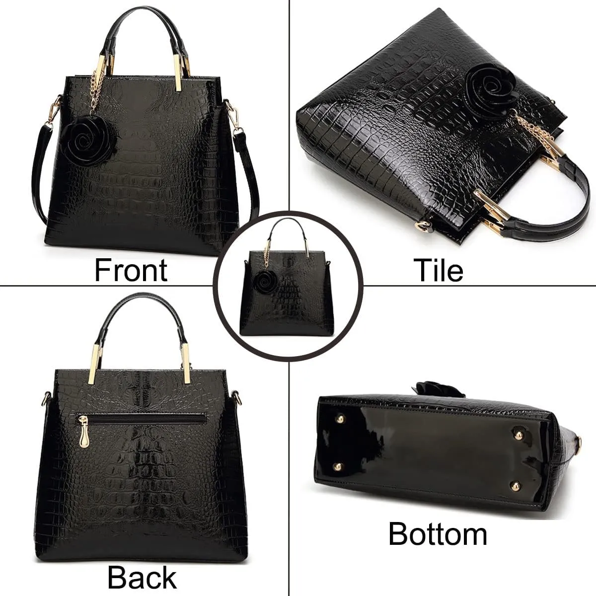 Shiny Patent Leather Women Handbag Crocodile Pattern Shoulder Bag Flower Pendant Top Handle Tote Satchel Purse