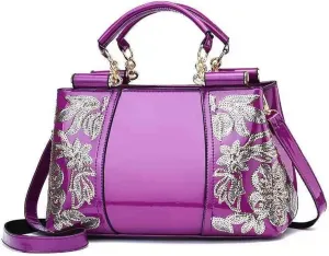Shiny Patent Women PU Leather Handbags Embroidery Shoulder Bags Fashion Satchel Purses Top Handle Bags