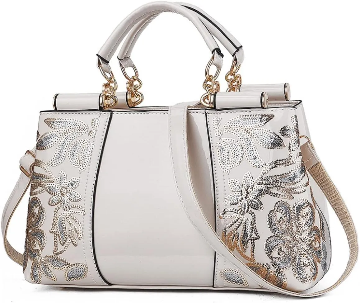 Shiny Patent Women PU Leather Handbags Embroidery Shoulder Bags Fashion Satchel Purses Top Handle Bags