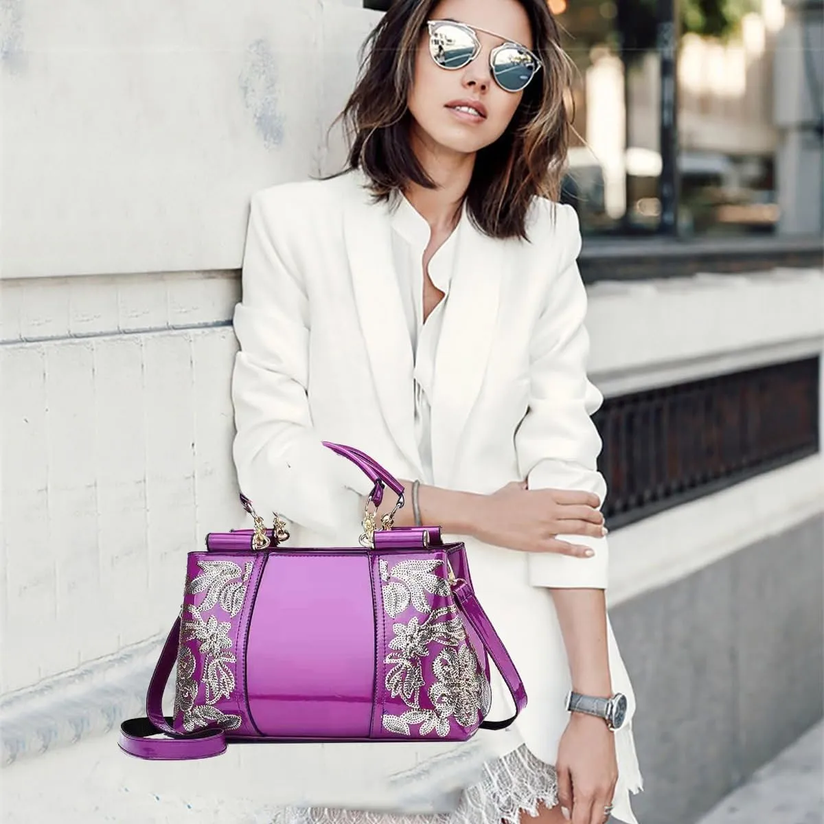 Shiny Patent Women PU Leather Handbags Embroidery Shoulder Bags Fashion Satchel Purses Top Handle Bags