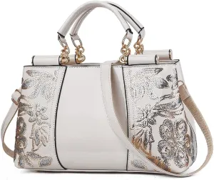 Shiny Patent Women PU Leather Handbags Embroidery Shoulder Bags Fashion Satchel Purses Top Handle Bags