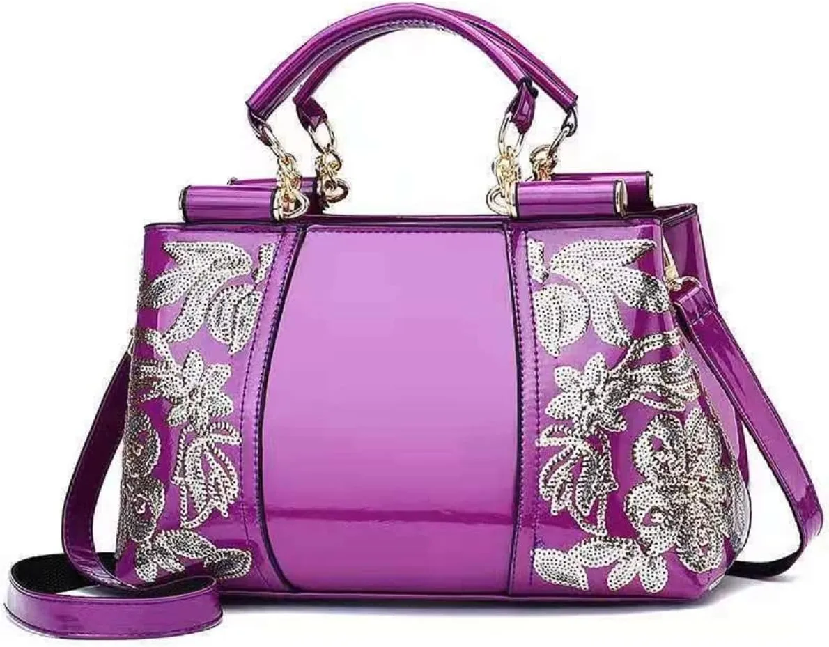 Shiny Patent Women PU Leather Handbags Embroidery Shoulder Bags Fashion Satchel Purses Top Handle Bags