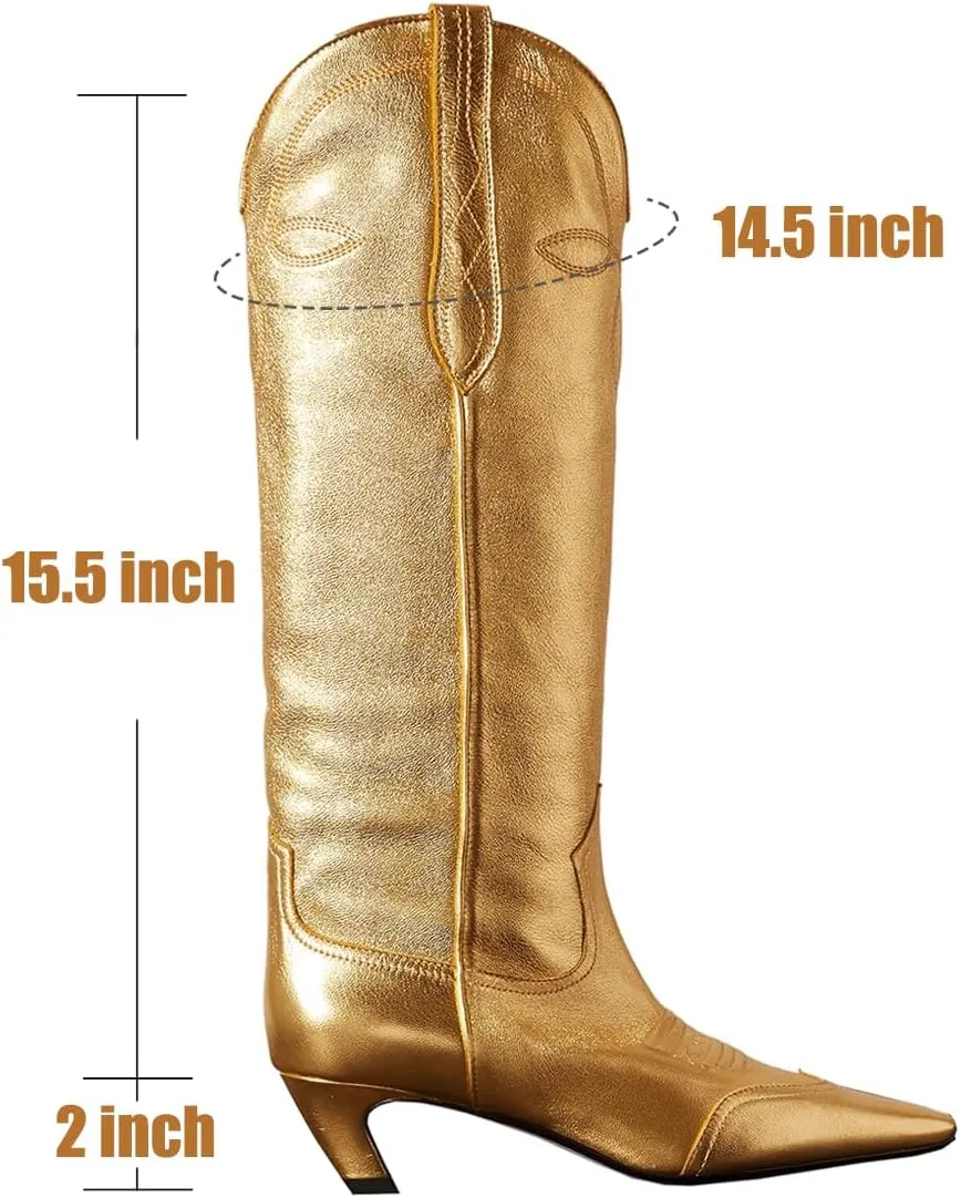 SHODENSE Women Embroidered Cowboy Boots Square Toe Knee High Kitten Heel Boots Suede Wide Calf Western Boots Pull On V Cut 2" Heels Cowgirl Boot Vintage Tall Dress Boots Fall Winter 4-11 M US