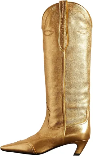 SHODENSE Women Embroidered Cowboy Boots Square Toe Knee High Kitten Heel Boots Suede Wide Calf Western Boots Pull On V Cut 2" Heels Cowgirl Boot Vintage Tall Dress Boots Fall Winter 4-11 M US